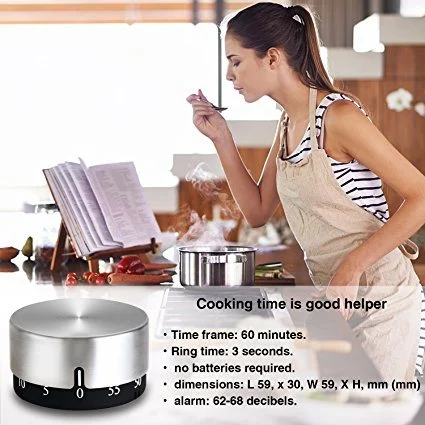 Kitchen Timer Manual Magnetic Stainless Steel Mechanical 60 Minutes Timing with Alarm Sound Cooking Countdown Dial Timer (Round) Esg10543