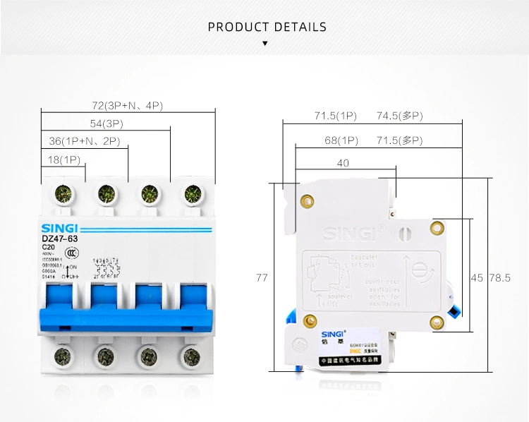 Low Voltage Circuit Breakers Singi Breaker Electronic Electrical 2p DC OEM Dz47-63